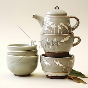 茶杯子背景图片_四个灰绿色的茶壶和杯子堆叠在一起