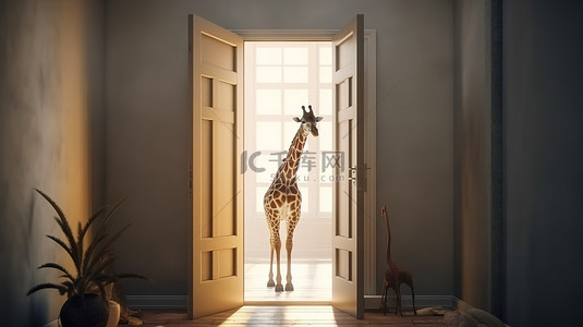 长颈鹿漫步穿过敞开的门口的 3D 渲染