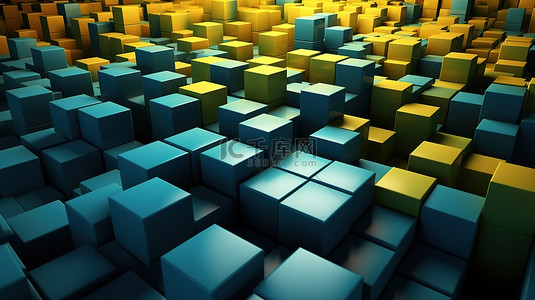蓝色黄色绿色和棕色色调的 3d 立方体背景