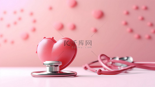 家庭清理背景图片_听诊器的 3D 渲染放在柔和的粉红色桌子上，带有红心插图