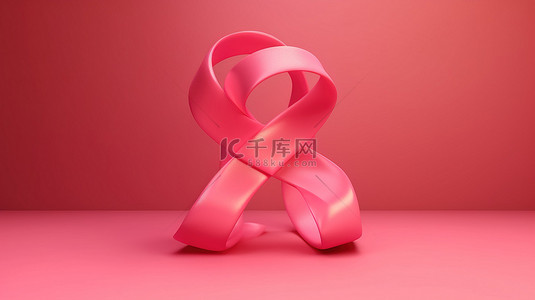 粉红色背景上乳腺癌意识月的粉红丝带符号 3D 渲染插图