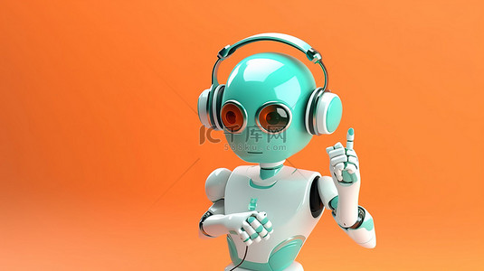 插图：可爱的 3D 机器人，配有耳机和笔记本电脑，提供自动化客户服务