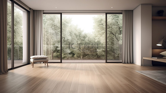 室内背景图片_现代豪华房间的精致 3D 渲染，配有木地板和阳台，背景是青翠的树木，设有大窗户和门