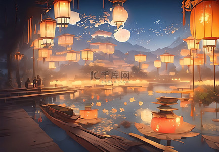 七夕卡通插画背景图片_孔明灯清明节插画唯美风景