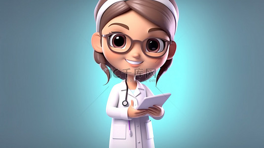 女医生用平板电脑和愉快的表情做医疗笔记 3D 渲染