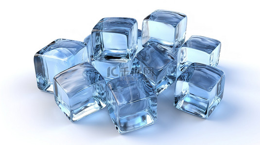 水饮背景背景图片_3d 白色背景中冰块的集合