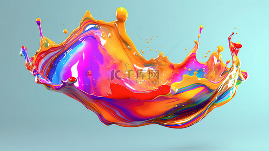 彩虹色油漆泼洒在鲜艳的色彩 3D 渲染液体艺术