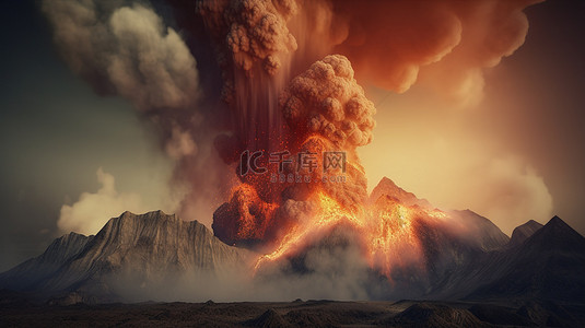 岩火山背景图片_猛犸火山喷发的爆炸性 3D 渲染，炽热的熔岩和有毒气体喷向天空