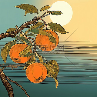 蓝天背景图片_树上成熟的橙子，梨和蓝天背景