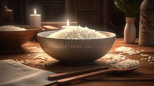 米饭背景图片_白色陶瓷碗 3d 渲染的印度香米放在质朴的木桌上，配有木勺和粗麻布餐巾，增强了照明和质感