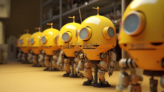 工业技术工厂一群可爱的 3D 渲染机器人