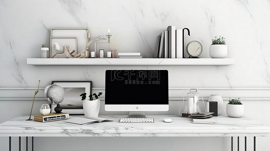 家庭背景图片_1 白色木板墙的 3D 渲染，带有大理石桌子和装饰，在家庭工作区内部配有计算机