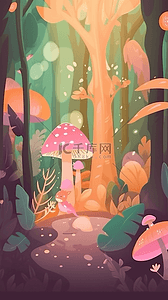 秋天森林背景图片_蘑菇彩色叶子秋天森林自然背景卡通风景
