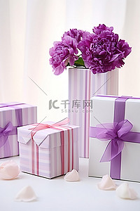 白月背景图片_白色表面上的三个礼品盒，上面有紫色花瓣