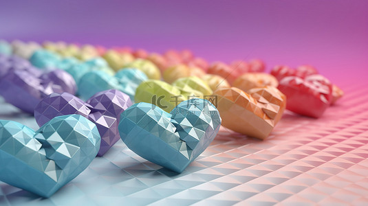 爱渐变背景图片_柔和的波浪形彩虹图案背景装饰着 3D 渲染的心形和钻石