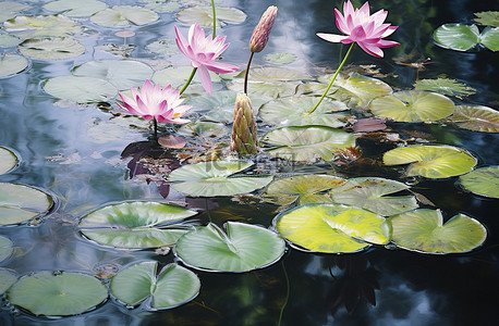 荷叶背景图片_一簇粉红色的绿叶花簇漂浮在水中