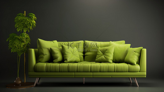 带舒适枕头的侧视绿色沙发的 3d 渲染