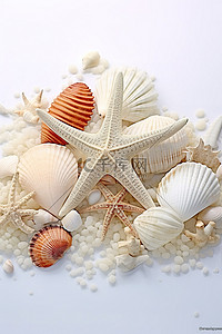 单挑一群战场背景图片_白色表面上的一群贝壳和海星