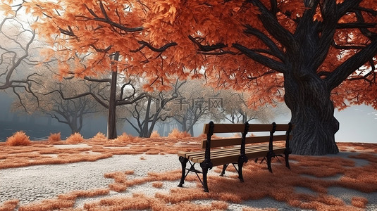 秋季公园 3D 落叶和长凳插图，标题有充足的复制空间