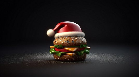 3d 渲染的汉堡包装饰着圣诞老人的帽子