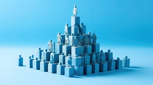 白色和蓝色背景上分层结构排列的独立企业雕像的 3D 插图