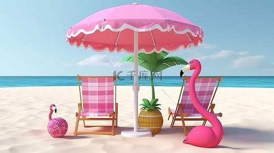 火烈鸟背景图片_夏季必需品充气粉色火烈鸟沙滩椅伞凉鞋和菠萝 3d 渲染