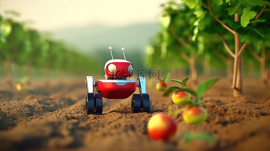 通过 3D 渲染机器人助手和红苹果收获增强农业技术