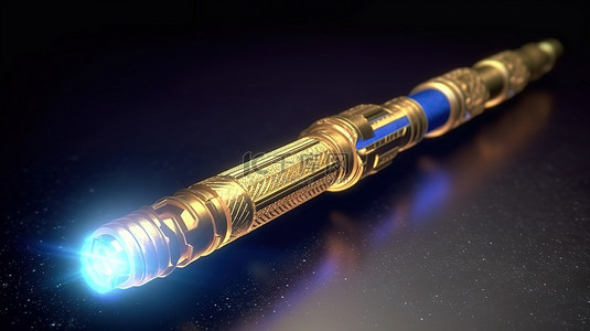 剑背景图片_泰国风格的金军刀手柄握着蓝色光剑，在星空背景下 3D 渲染图像