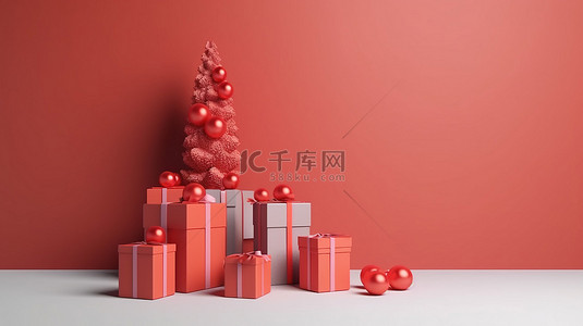简约圣诞装饰品 3D 渲染树礼品盒和挂饰