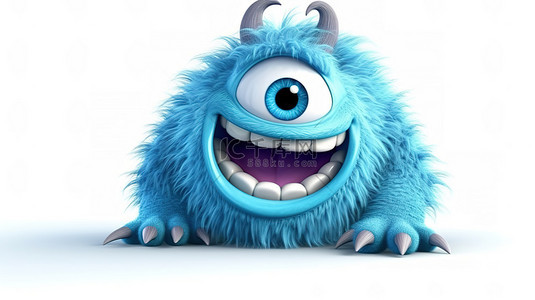 可爱怪物背景图片_可爱的 3d 蓝色毛怪，白色背景 3d 渲染上有俏皮的牙齿