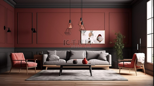 现代客厅配有红木家具 3D 渲染和插图