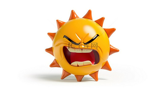 卡通天气卡通形象背景图片_愤怒的太阳 3D 卡通人物，带有短保险丝，描绘为孤立的白色表情符号