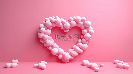浪漫的粉色云框与心形糖果 3D 渲染图像
