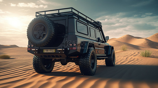 黑色旅行背景图片_从后面看到的用于狩猎探险的强大黑色 4x4 越野车的 3D 插图