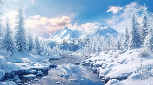 迷人的冬季仙境令人惊叹的 3D 渲染，雄伟的山脉迷人的森林和冰雪覆盖的风景，精致而精致，非常适合您的冬季假期