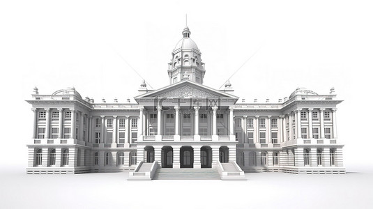 白色背景市政厅的 3D 渲染是公共治理的建筑奇迹