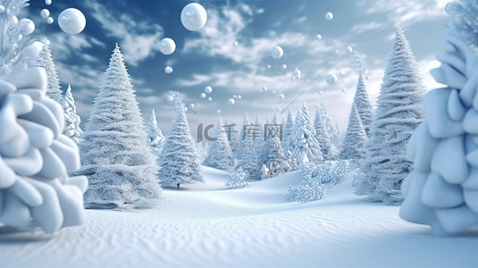 雪圣诞节的 3D 插图，树上装饰精美