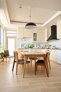 地板背景图片_厨房用餐区开放通风，铺有白色地板