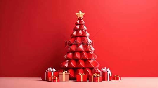 圣诞快乐背景背景图片_用喜庆的红色圣诞树和新年礼物促销横幅 3d 渲染来庆祝节日