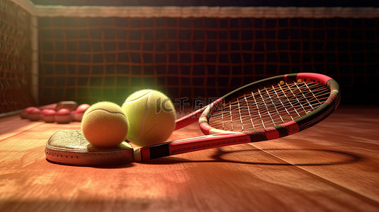 健身器材背景图片_以球拍和网球为背景的运动和健身器材的 3d 插图