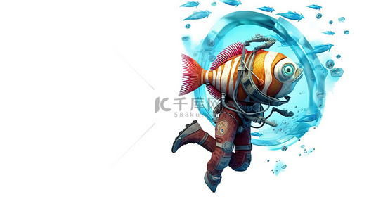 潜水员背景图片_潜水员和鱼的水下遭遇 3D 插图