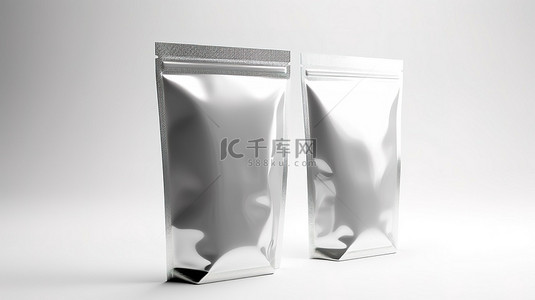 带空白塑料袋的白色背景零食包装的 3D 渲染