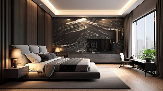 电视柜背景图片_时尚简约的卧室配有集成床头板和电视柜 3D 渲染，采用木材和黑色大理石装饰