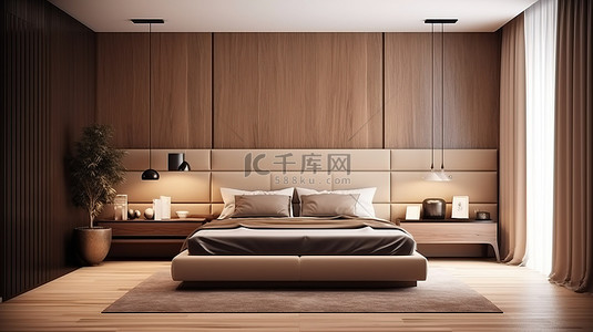 时尚别致的现代棕色调卧室，配有米色瓷砖墙3D 渲染