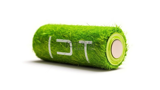 生态友好型电源 3D 渲染充满电的草电池，白色背景上带有绿色能源符号