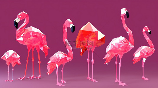 动画背景图片_什锦钻石生物系列昂首阔步的火烈鸟和更多自然和野生动物主题低聚 3D 动画循环