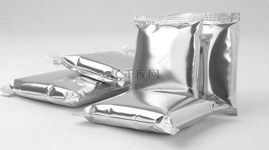薯片袋背景图片_用于糖果包装设计的小型银色金属箔包装的 3D 插图