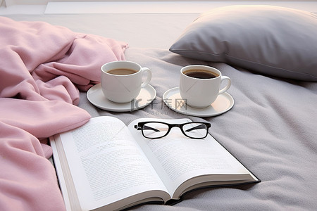 茶背景图片_两杯咖啡和一本放在枕头上的书和一条毯子
