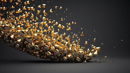 金色人物在灰色背景中翱翔，带有泡腾颗粒和元素 3D 渲染水平格式
