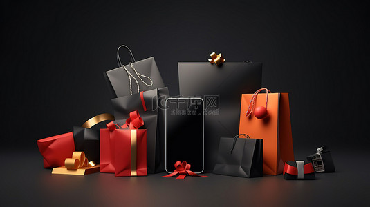 黑色星期五背景图片_黑色星期五购物盛宴的 3D 插图，以智能手机购物袋信用卡和礼品为特色